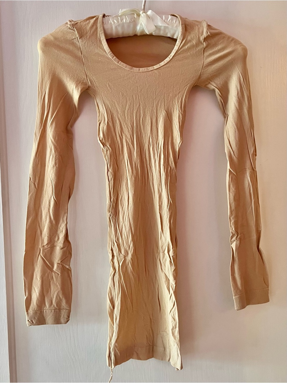 Women’s Long-Sleeve Stretch Slip Chemise Camiseta in Beige Pantyhose Material